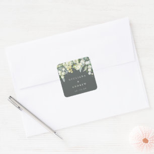Pegatina Cuadrada Boda elegante gris verde Snowberry + Eucalipto