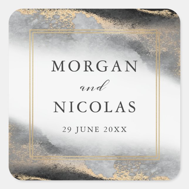 Pegatina Cuadrada Boda elegante Opulence Black and Gold (Anverso)