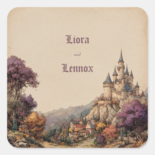 Pegatina Cuadrada Boda en el caprichoso Castillo Crest (Anverso)