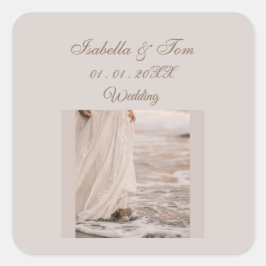 Pegatina Cuadrada Boda en la Playa Costera | Favor Boho Suave y Neut