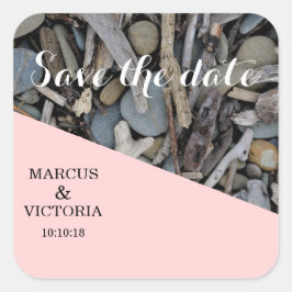 Pegatina Cuadrada Boda en la playa de Driftwood Save the date