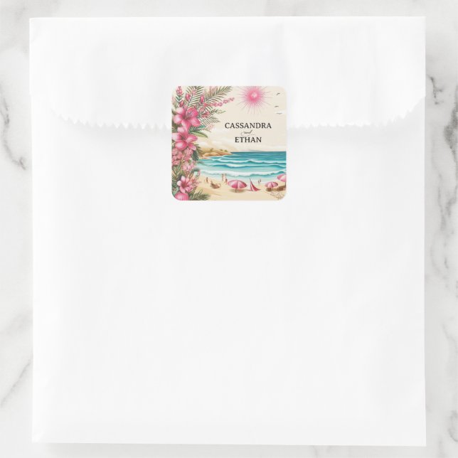 Pegatina Cuadrada Boda en la playa rosa (Bolso)