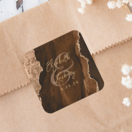 Pegatina Cuadrada Boda Escritura Ágata Dorada Marrón Mocha