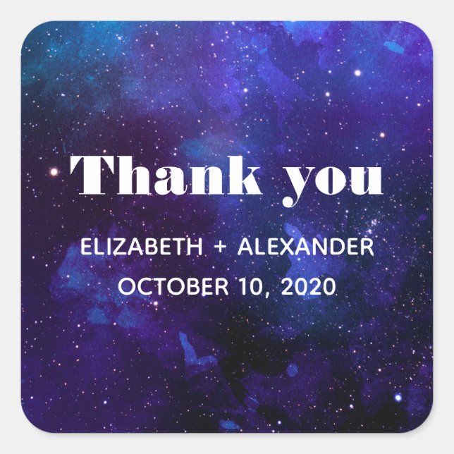 Pegatina Cuadrada Boda espacial gracias. noche marina acuarela (Anverso)