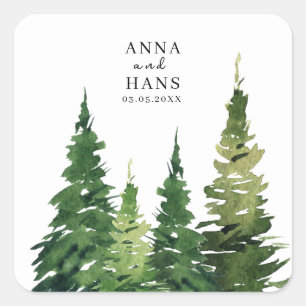 Pegatina Cuadrada Boda festivo de árbol de navidad acuarela