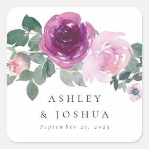 Pegatina Cuadrada Boda floral acuarela con rubor magenta