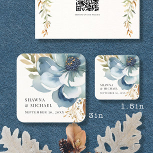 Pegatina Cuadrada Boda floral acuarela moderna de otoño azul marfil