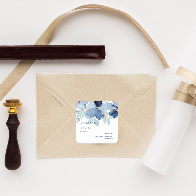 Pegatina Cuadrada Boda Floral Azul acuarela Gracias (Watercolor Blue Floral Wedding Thank You Square Sticker)