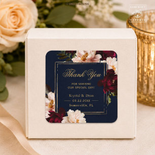 Pegatina Cuadrada Boda floral azul marino rubor borgoña oscuro y mel