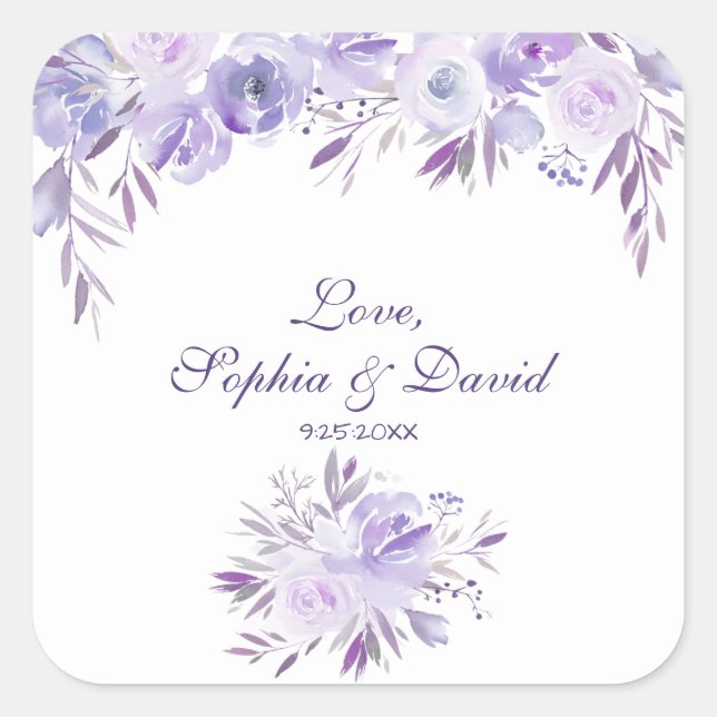 Pegatina Cuadrada Boda floral azul turbio morado claro (Anverso)