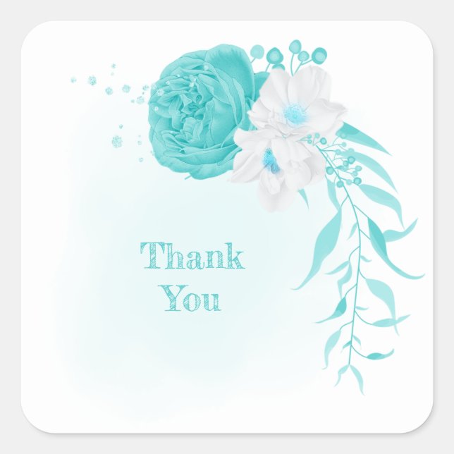 Pegatina Cuadrada boda floral blanco turquesa (Anverso)