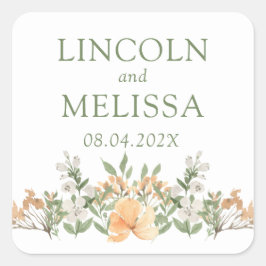 Pegatina Cuadrada Boda floral blanco y de color blanco
