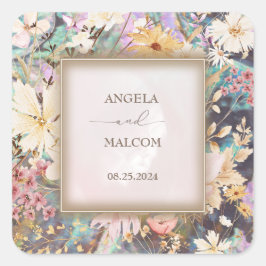 Pegatina Cuadrada Boda Floral Boho Rústica Vintage