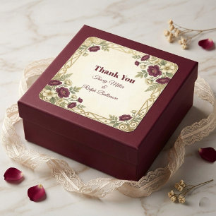 Pegatina Cuadrada Boda Floral Burgundy Oro Art Nouveau Elegante
