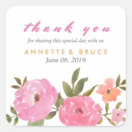Pegatina Cuadrada Boda Floral de acuarela Gracias