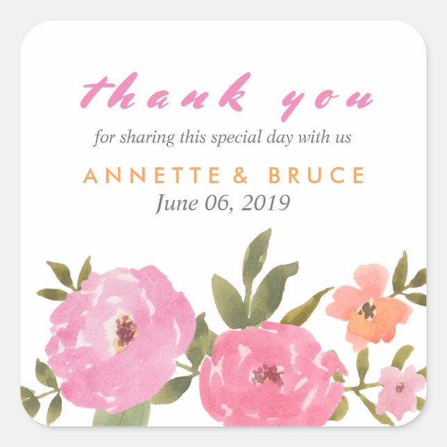 Pegatina Cuadrada Boda Floral de acuarela Gracias (Anverso)