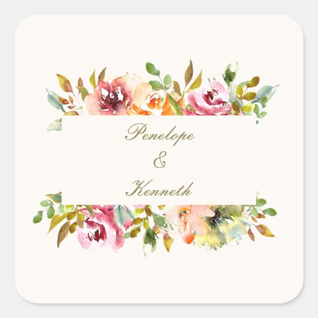 Pegatina Cuadrada Boda floral de acuarela rusa personalizado (Anverso)