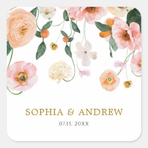 Pegatina Cuadrada Boda floral de amapola rosa
