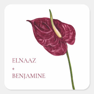 Pegatina Cuadrada Boda floral de Anthurium con acuarela minimalista
