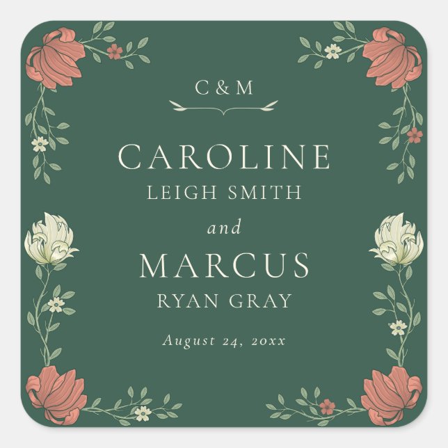 Pegatina Cuadrada Boda floral de Art Nouveau vintage (Anverso)