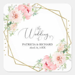 Pegatina Cuadrada Boda floral de Blush geométrico con lámina de oro 