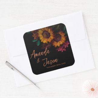 Pegatina Cuadrada Boda floral de Bonito Naranja quemado ruso