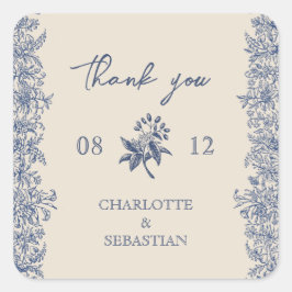 Pegatina Cuadrada Boda floral de borde azul vintage