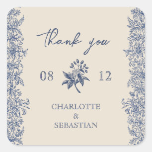 Pegatina Cuadrada Boda floral de borde azul vintage