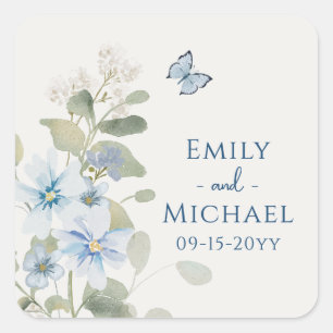 Pegatina Cuadrada Boda floral de color azul turbio y romántico