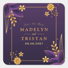 Pegatina Cuadrada Boda Floral de Estética Purple & Gold