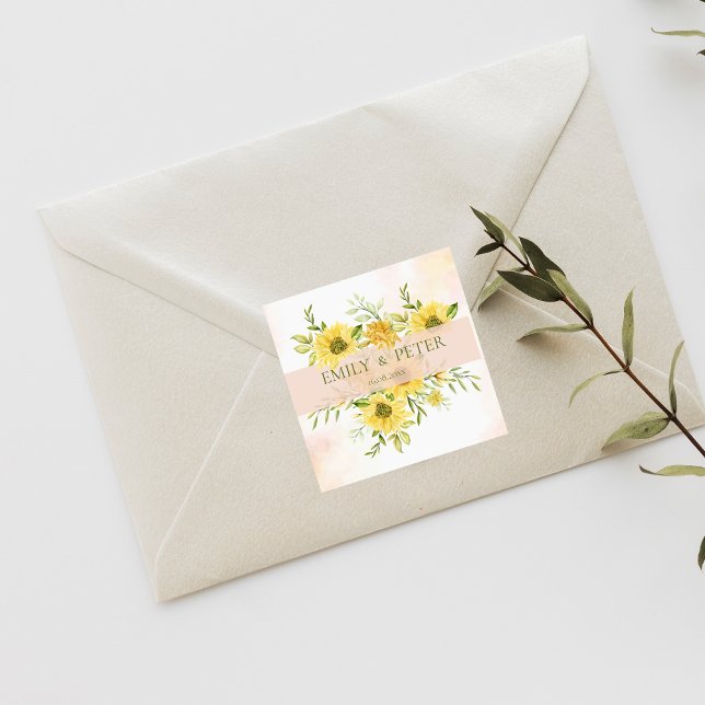 Pegatina Cuadrada Boda floral de girasol amarillo pálido (Cute Bright Yellow Sunflower Floral Wedding Square Sticker)