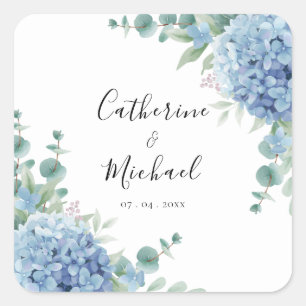 Pegatina Cuadrada Boda floral de Hortensia Azul
