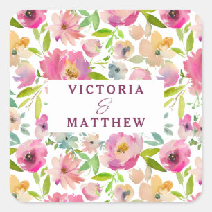 Pegatina Cuadrada Boda Floral de Monograma Chic Blooming con Menta y