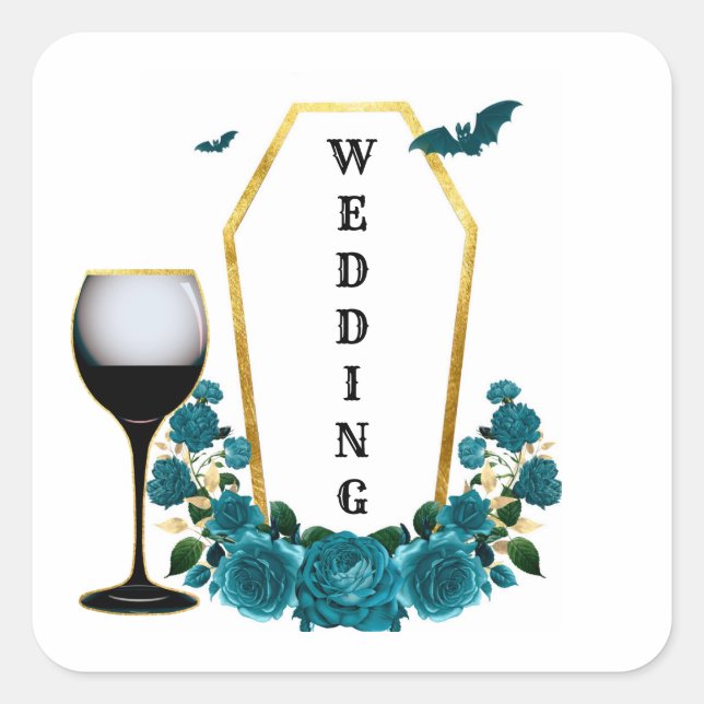 Pegatina Cuadrada Boda floral de oro gótico Verde azulado de Hallowe (Anverso)