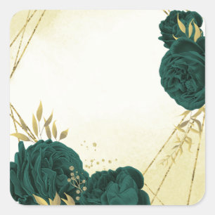 Pegatina Cuadrada Boda floral de oro verde esmeralda