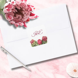 Pegatina Cuadrada Boda floral de protea rosa botánica moderna