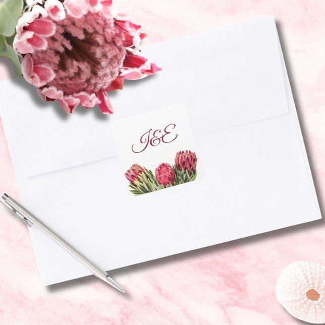 Pegatina Cuadrada Boda floral de protea rosa botánica moderna (Subido por el creador)