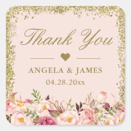 Pegatina Cuadrada Boda Floral de Purpurinas de oro rosado de Rubor G