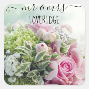 Pegatina Cuadrada Boda floral de rosa rosa romántica Sr. y Sra.