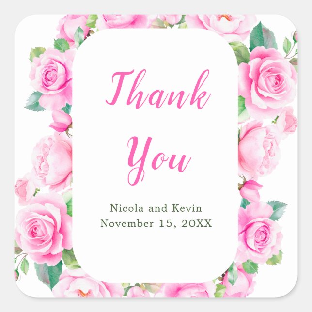 Pegatina Cuadrada Boda floral de rosas rosadas (Anverso)