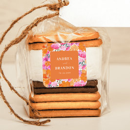Pegatina Cuadrada Boda floral de verano brillante rosa y Naranja