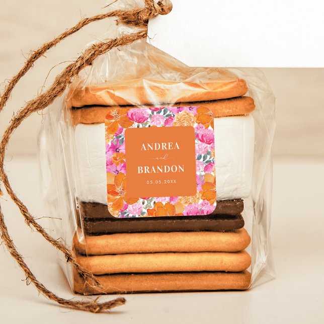 Pegatina Cuadrada Boda floral de verano brillante rosa y Naranja (Subido por el creador)