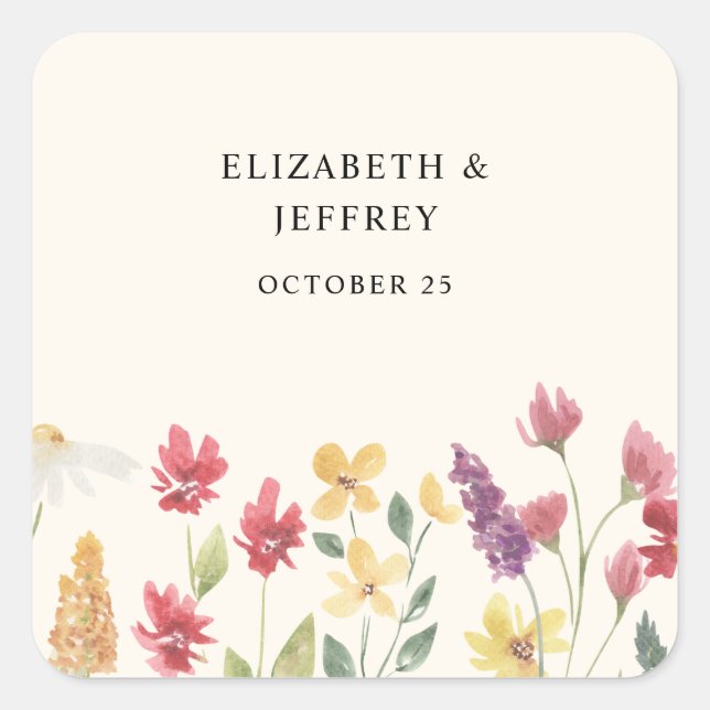 Pegatina Cuadrada Boda Floral Elegante Boho Summer Wildflowers (Anverso)