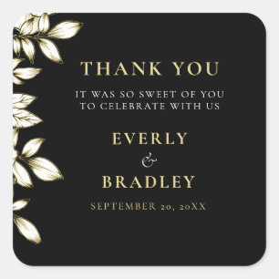 Pegatina Cuadrada Boda floral elegante de oro blanco negro gracias