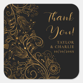 Pegatina Cuadrada Boda floral elegante dorado y negro gracias