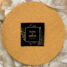 Pegatina Cuadrada Boda floral elegante en negro y dorado 