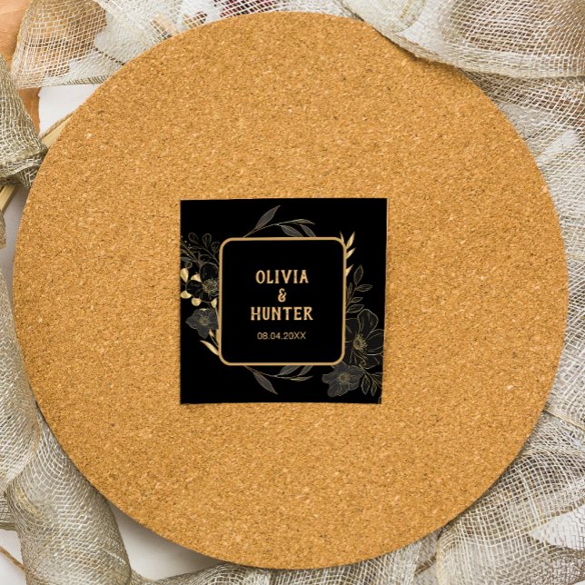 Pegatina Cuadrada Boda floral elegante en negro y dorado  (Subido por el creador)