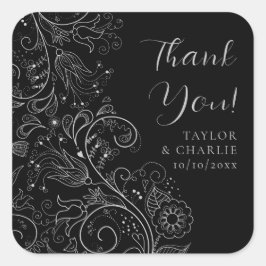 Pegatina Cuadrada Boda floral elegante plateado y negro gracias
