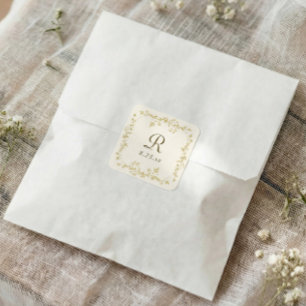 Pegatina Cuadrada Boda Floral Francesa con Monograma en Oro y Marfil