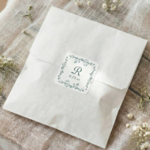 Pegatina Cuadrada Boda Floral Francesa Verde Esmeralda Monograma